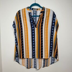 Shein Women XL Boho Geometric Stripe‎ Split‑V Sleeveless High‑Low Blouse Chevron